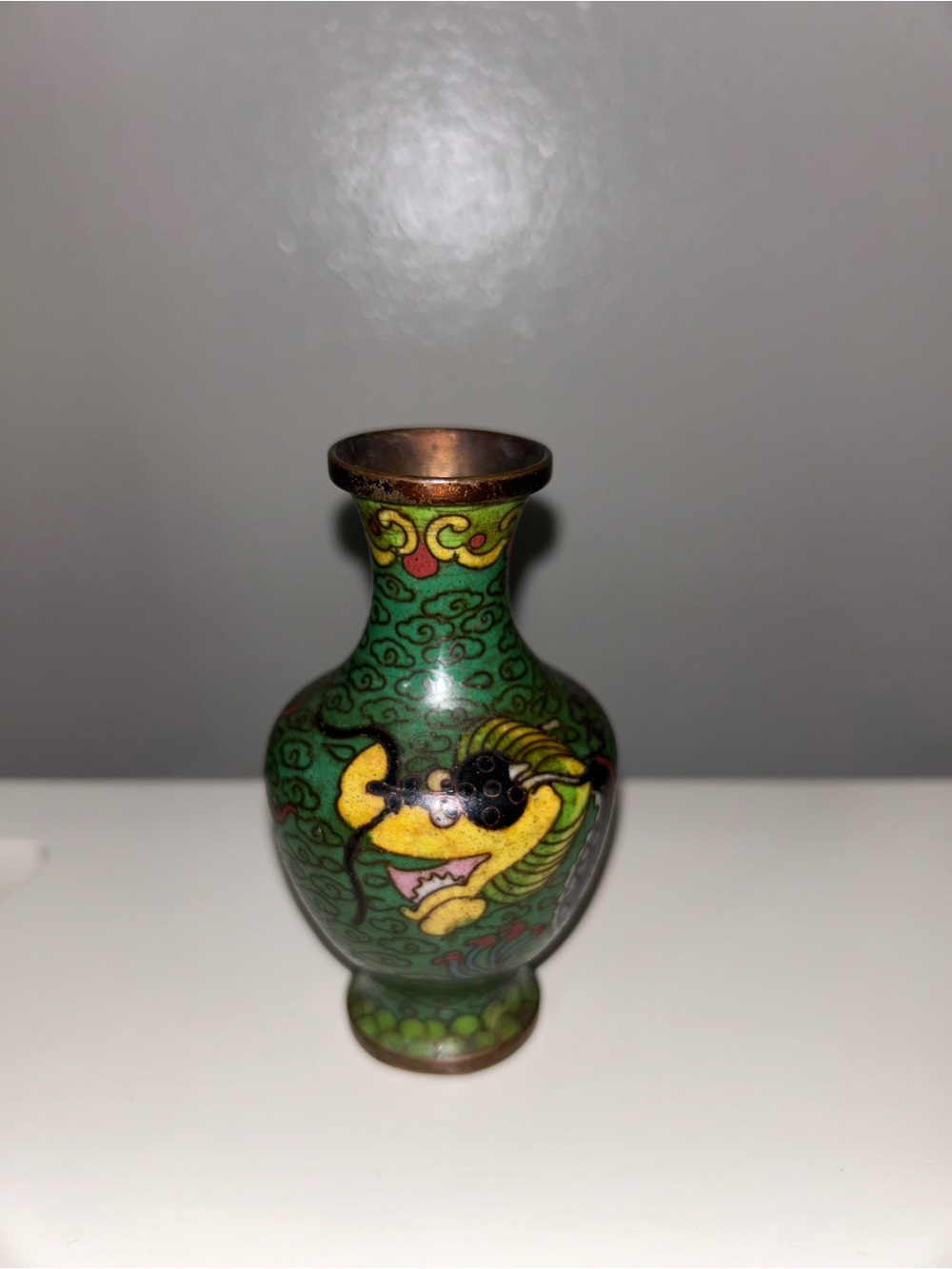 Vintage 1970s Chinese Dragon Enamel Cloisonné Brass Vase 4” Rare Art Decor